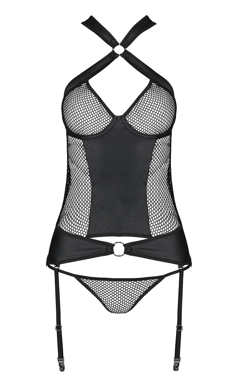 Guêpière en faux cuir transparente et string en résille Amanda - Passion