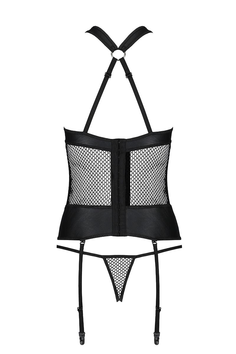 Guêpière en faux cuir transparente et string en résille Amanda - Passion