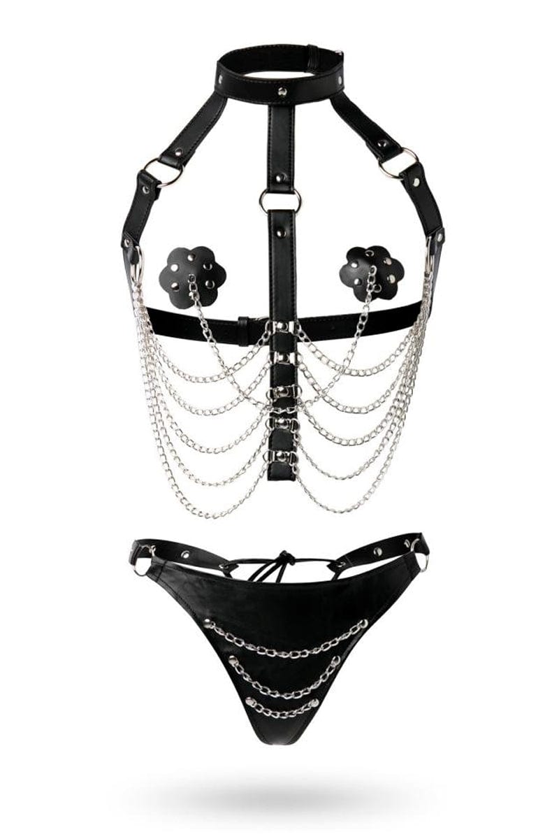 Harnais BDSM 3 pièces pour femme soumise en faux cuir et chaines - Grey Velvet