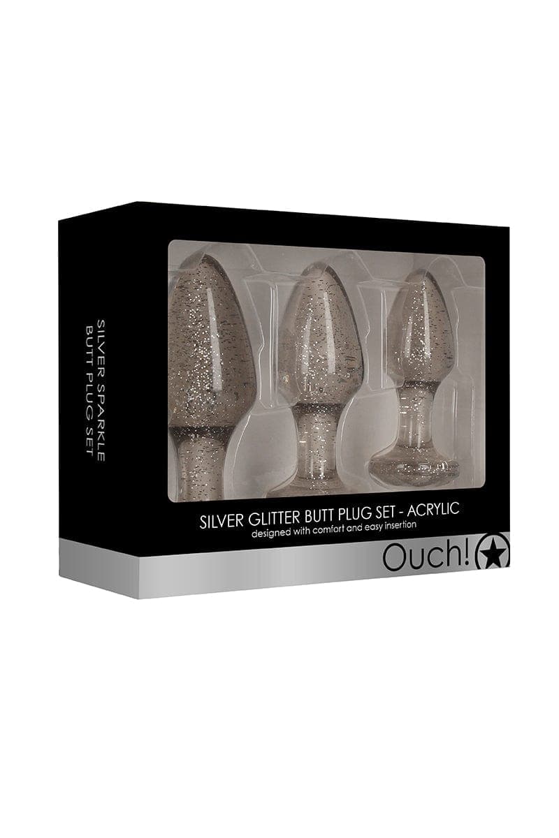 Kit 3 butt plug pailletés argentés en acrylique pour plaisir anal unisexe - Ouch!