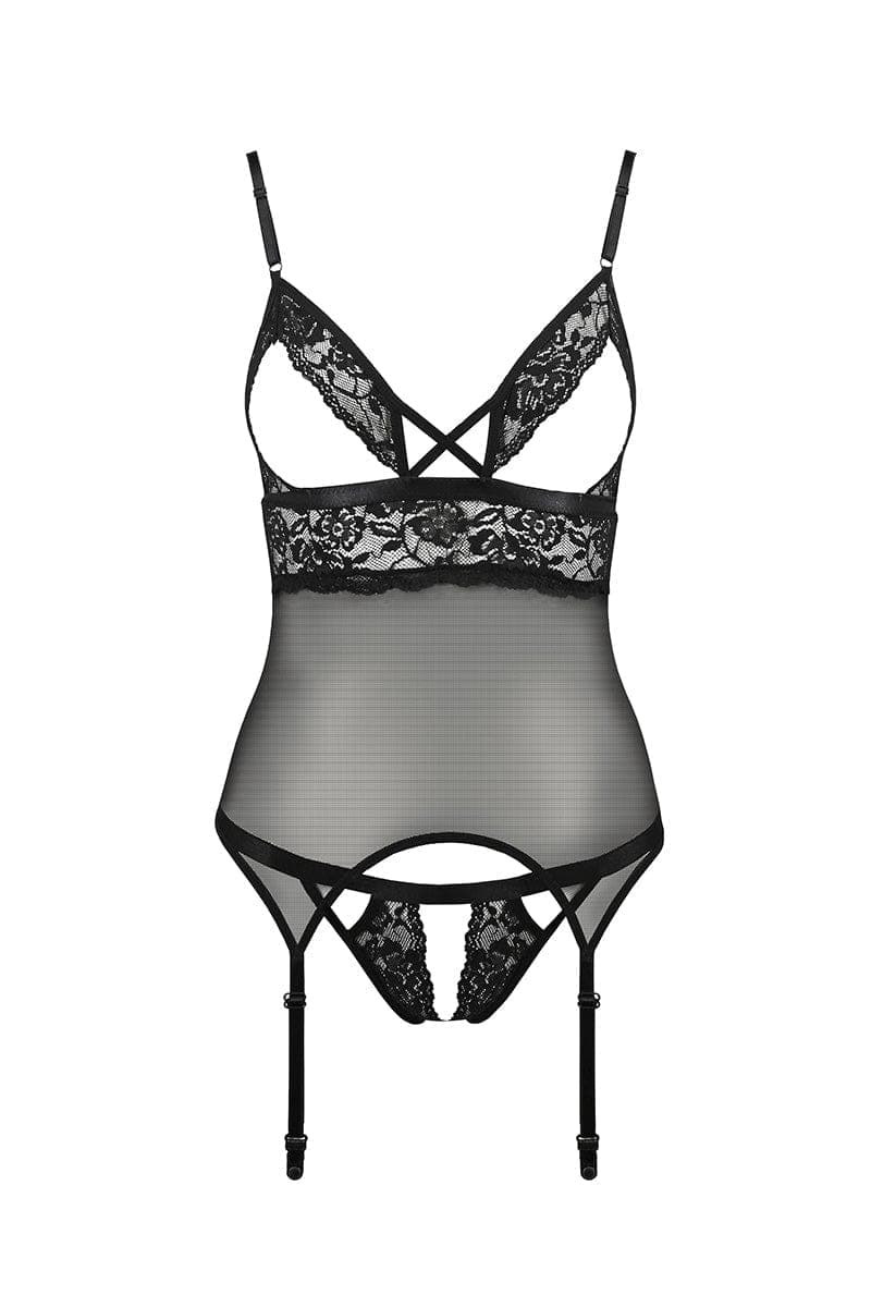 Lingerie sexy guêpière seins nus et string ouvert Diabolina - Passion