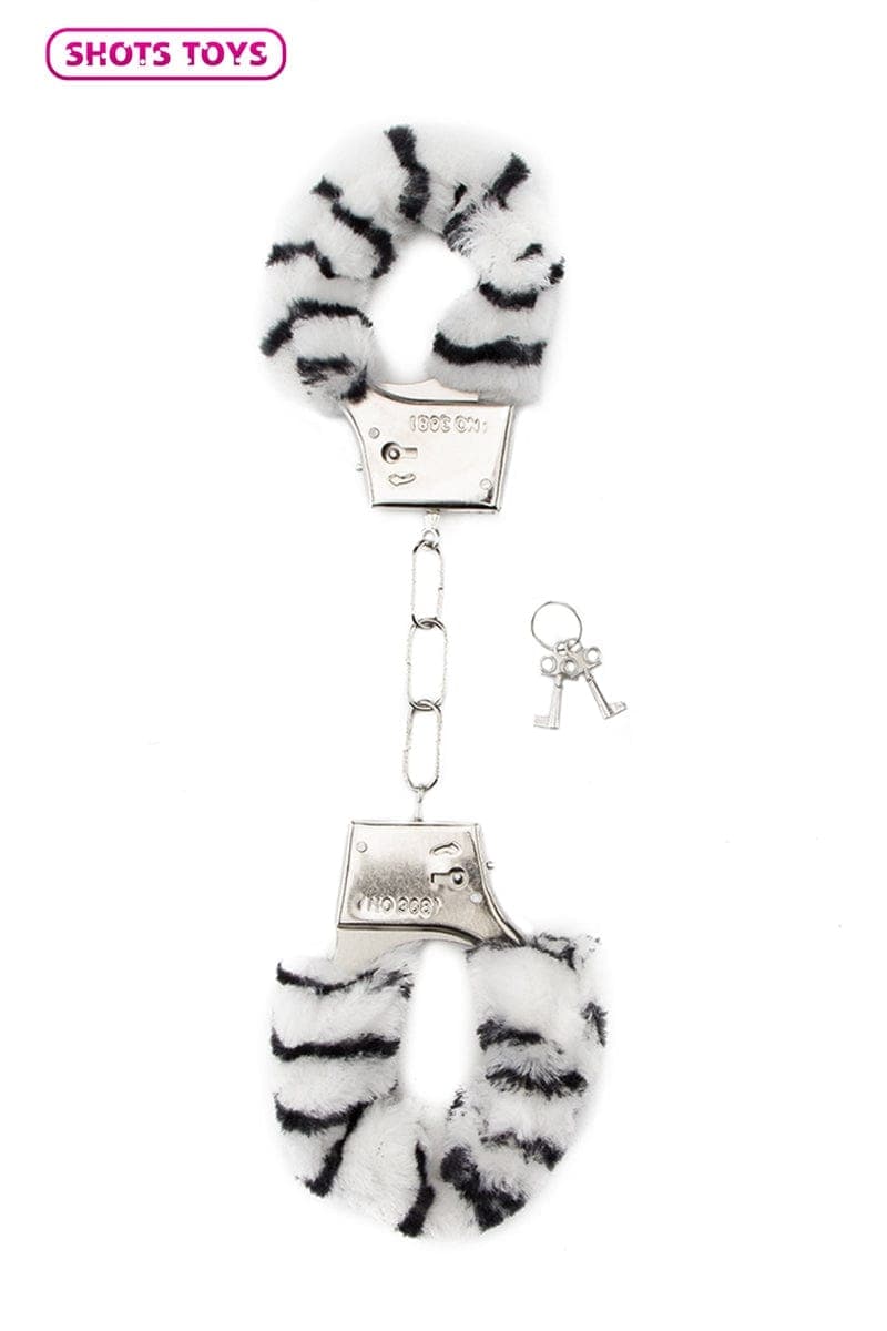 Menottes fausse animal fourrure motif zèbre et métal + 2 clés - Shots Toys