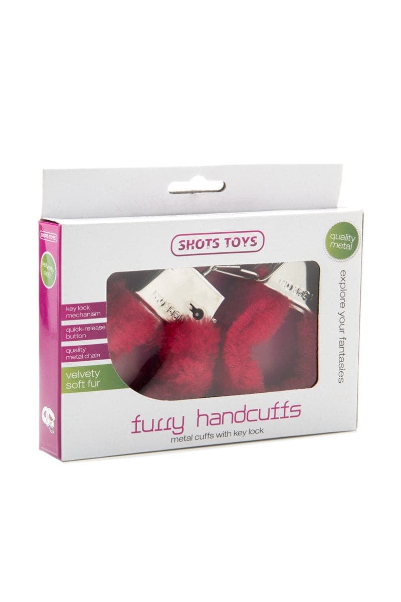 Menottes fausse fourrure rouge libération rapide bouton + 2 clés - Shots Toys