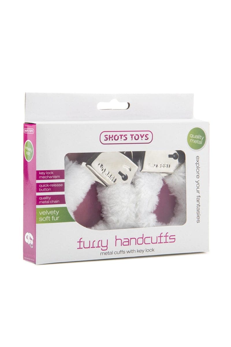Menottes fourure blanche et métal libération rapide bouton + 2 clés - Shots Toys
