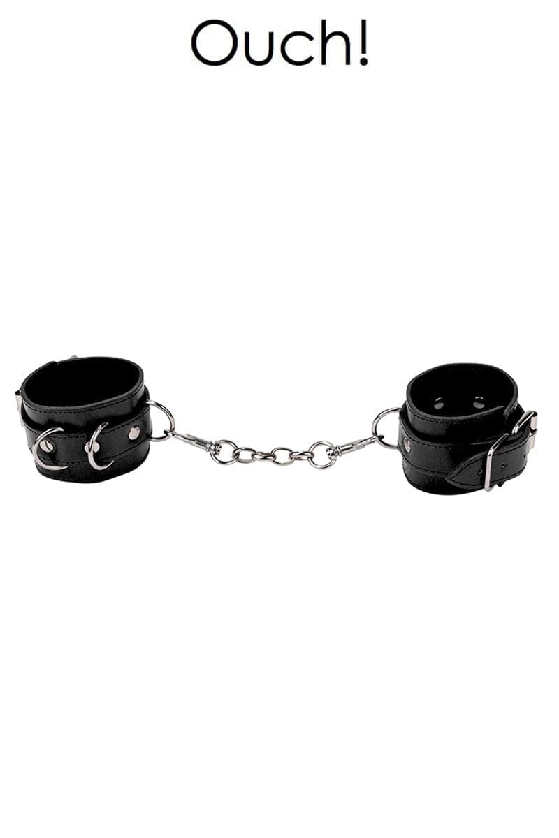 Menottes poignet et cheville Premium en cuir noir bdsm + chainette - Ouch