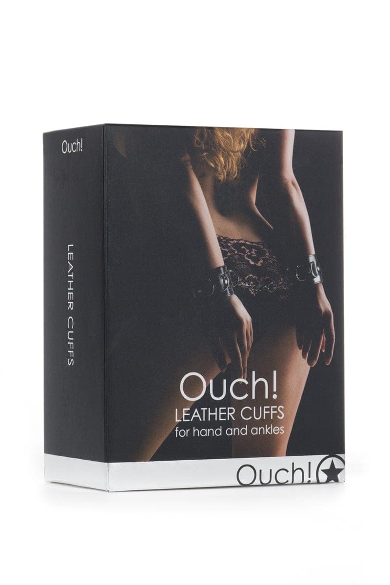Menottes poignet et cheville Premium en cuir noir bdsm + chainette - Ouch