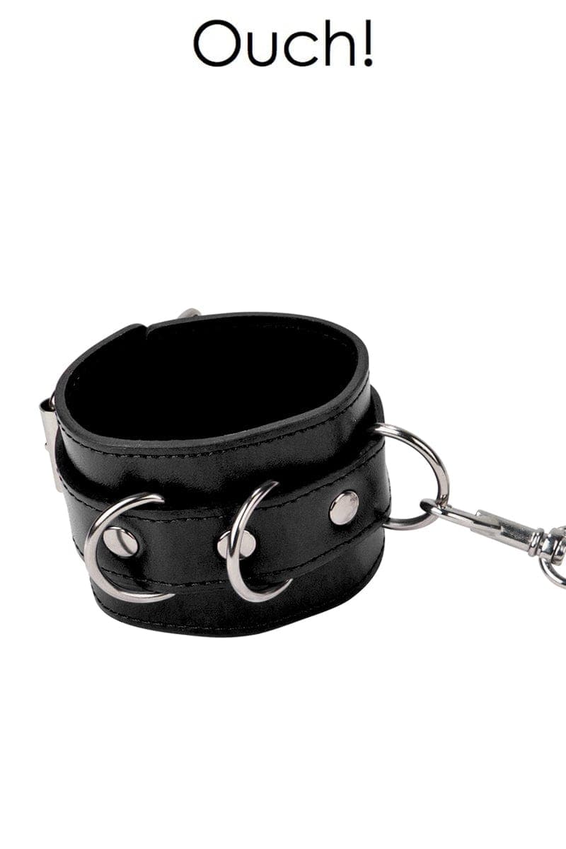 Menottes poignet et cheville Premium en cuir noir bdsm + chainette - Ouch