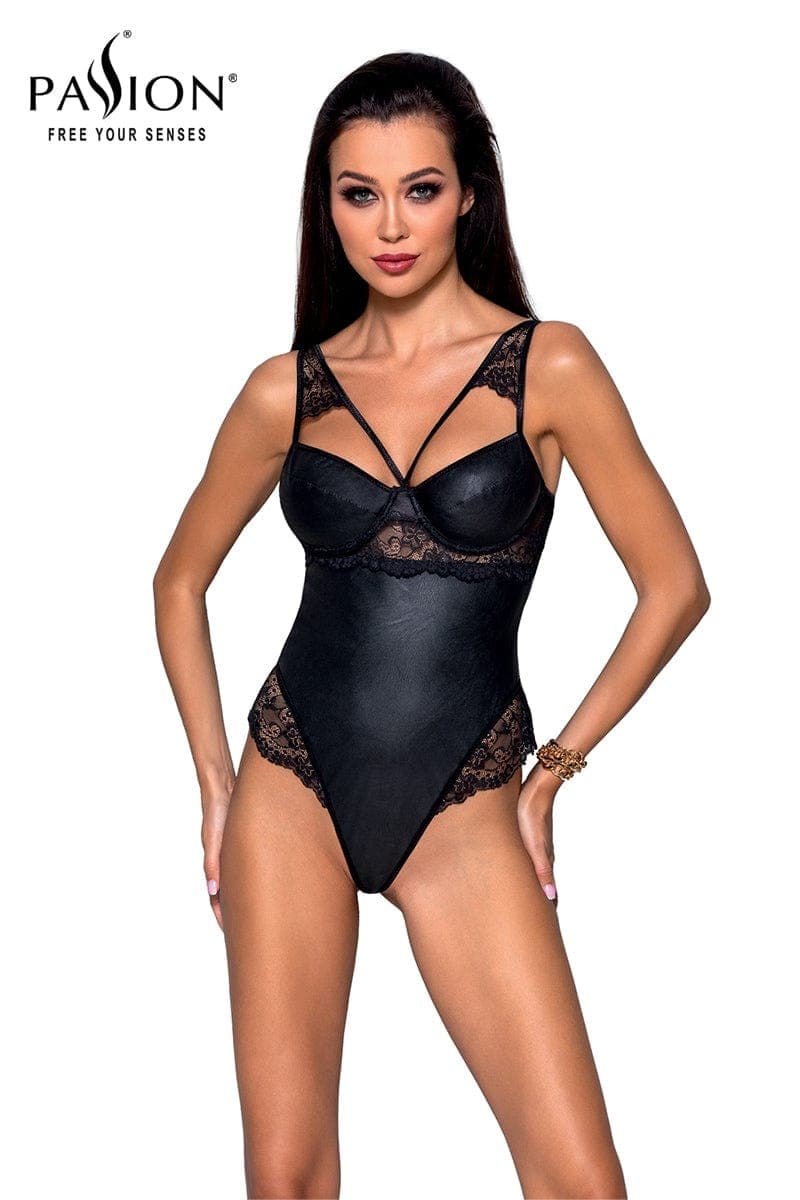 Nuisette sexy ajustable et string en faux cuir et dentelle Loona - Passion