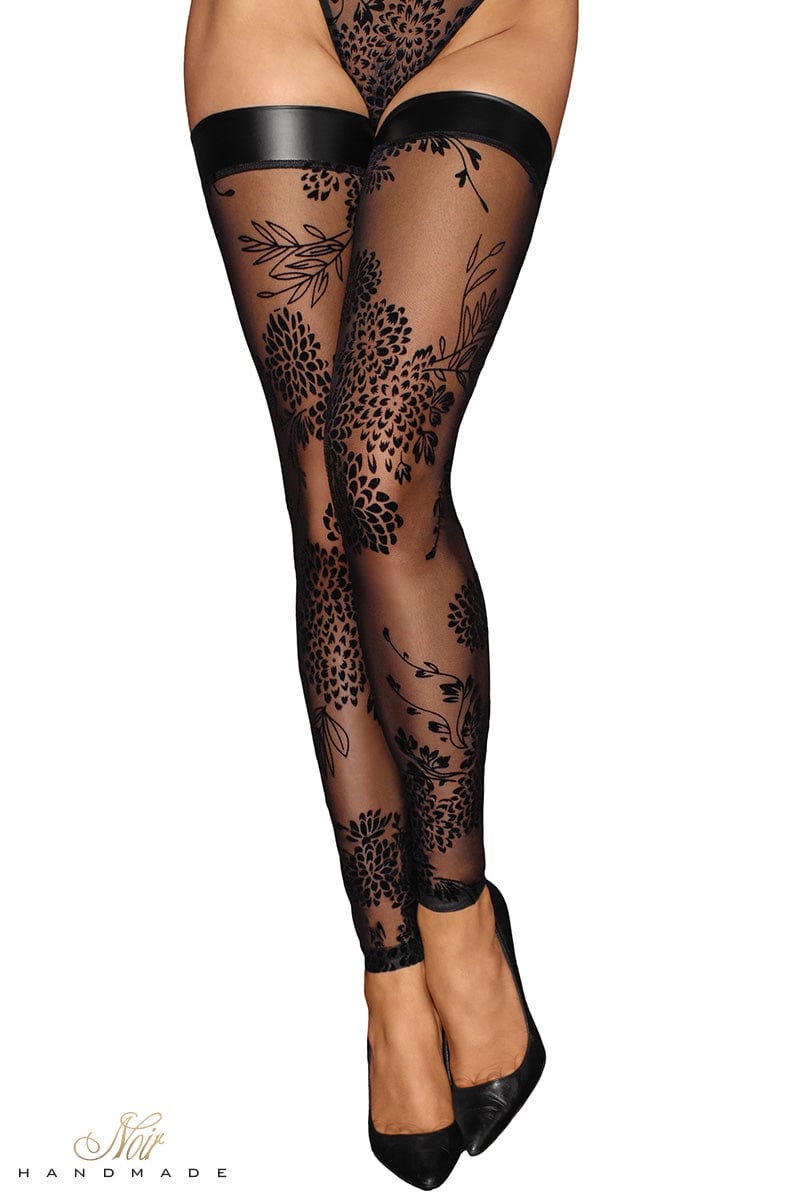 Paire de bas pieds nus en tulle florale jarretière wetlook F243 - Noir Handmade
