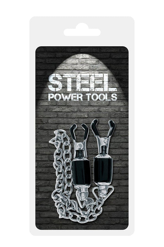 Pinces à seins ajustables pour pratique BDSM avec chaine en inox - Steel Power Tools