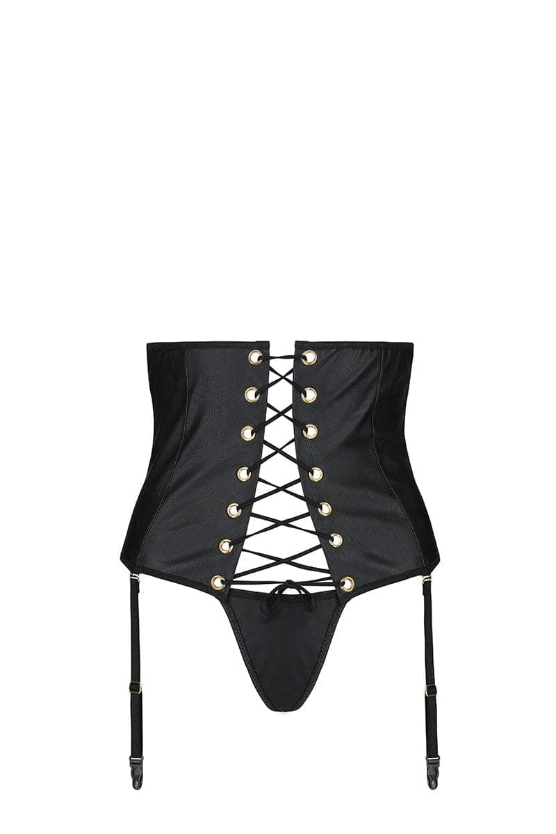 Porte-jarretelles serre taille lacé en faux cuir noir mat Céline - Passion