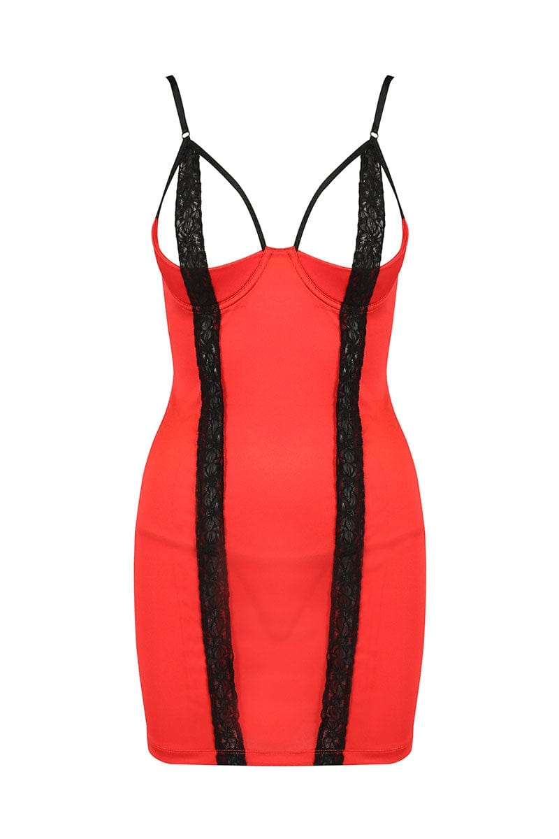 Robe courte sexy en tissus rouge satiné et dentelle noire Femmina - Passion