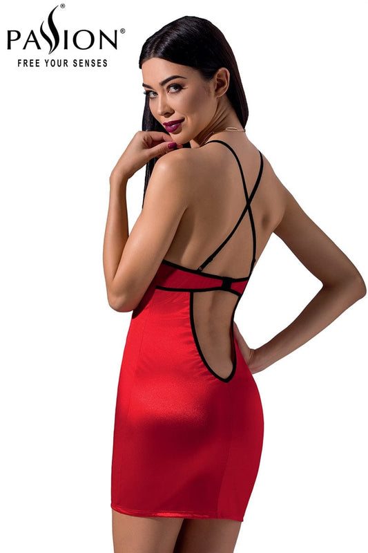 Robe courte sexy en tissus rouge satiné et dentelle noire Femmina - Passion