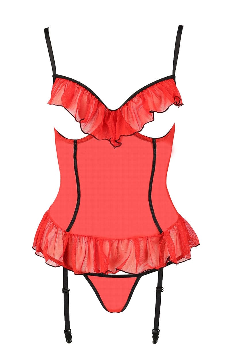 Tenue sexy 2 pièces guêpière seins nus et string ouvert rouge Cherry - Passion