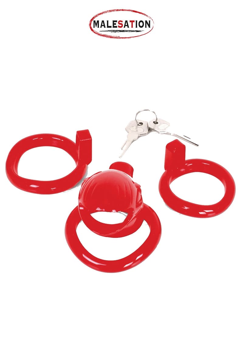 Cage de chasteté 2 pièces en ABS rouge 7,5cm + cadenas - Malesation