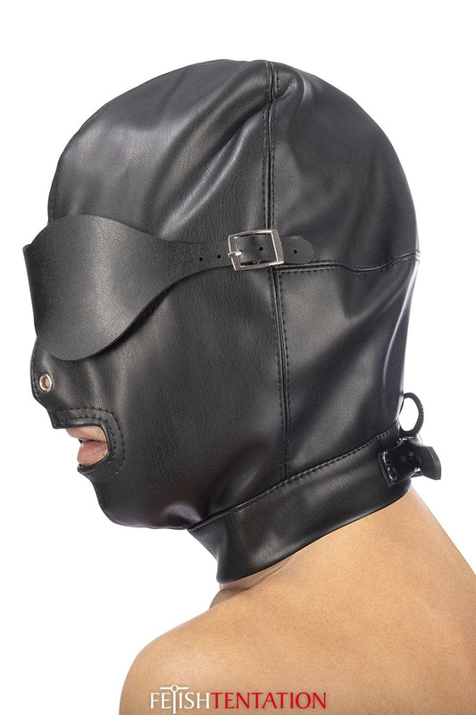 Cagoule BDSM en simili cuir avec bandeau amovible - Fetish Tentation