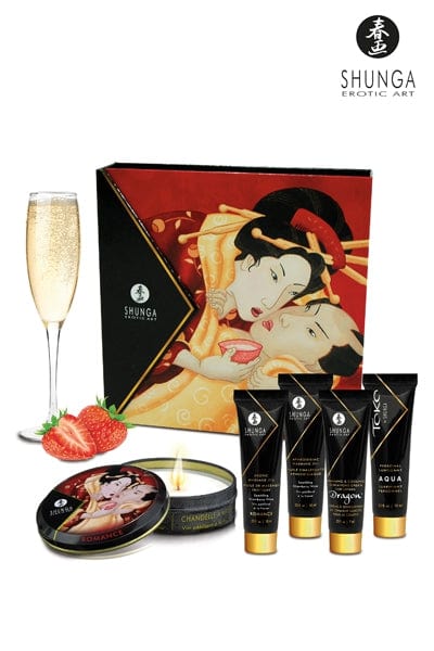 Coffret cadeau sexy huile et crème de massage pour couple vin pétillant à la fraise Shunga