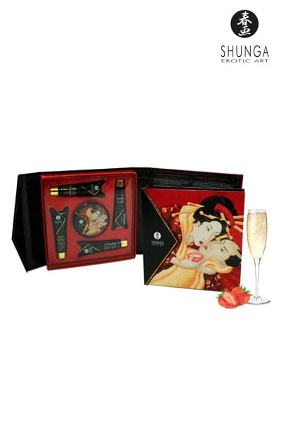 Coffret cadeau sexy huile et crème de massage pour couple vin pétillant à la fraise Shunga