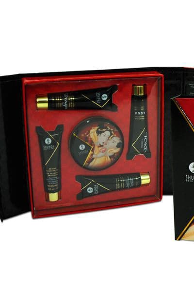 Coffret cadeau sexy huile et crème de massage pour couple vin pétillant à la fraise Shunga