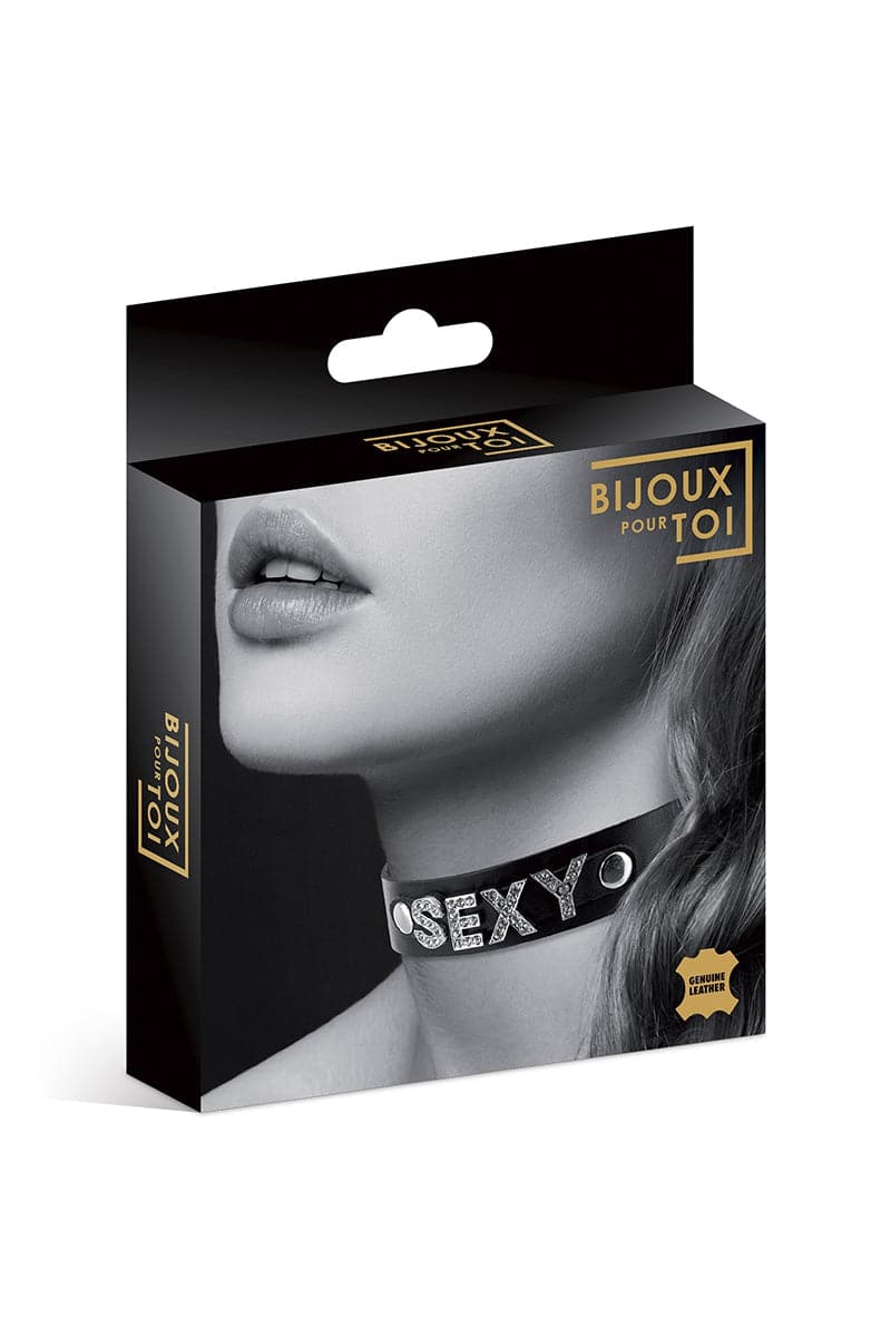 Collier de soumission BDSM réglable avec strass et inscription SEXY - Bijoux Pour Toi