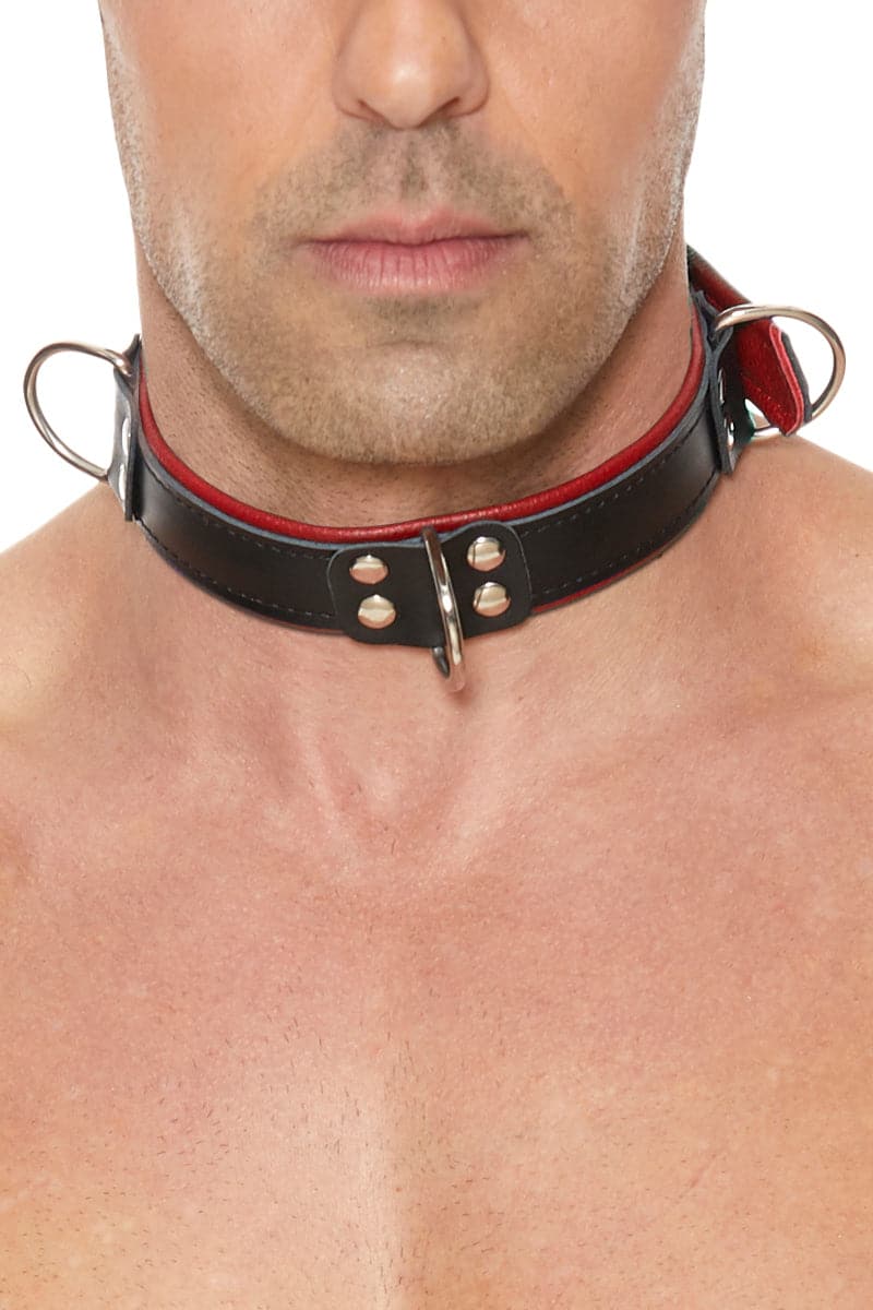 Collier de soumission en cuir rouge et noir pour pratique BDSM - Ouch!