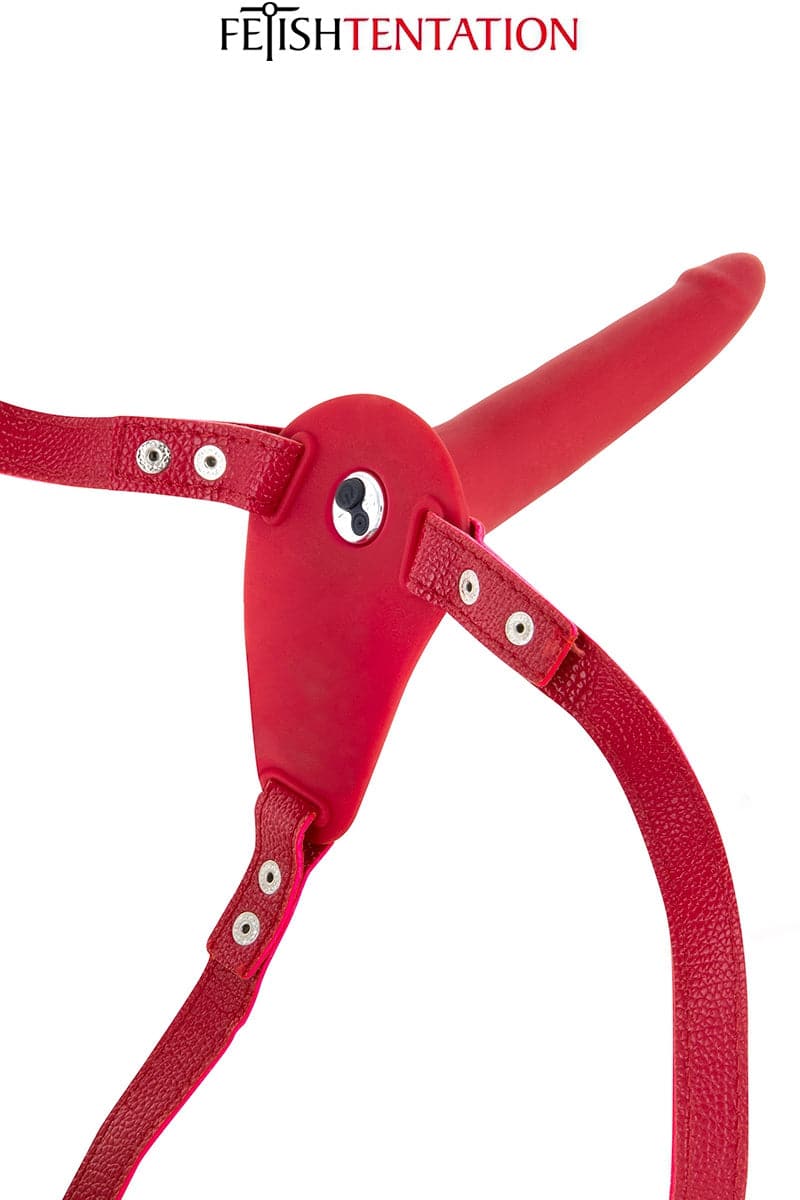 Gode-ceinture 10 modes vibrant en silicone rouge pour couple 15,5cm - Fetish Tentation