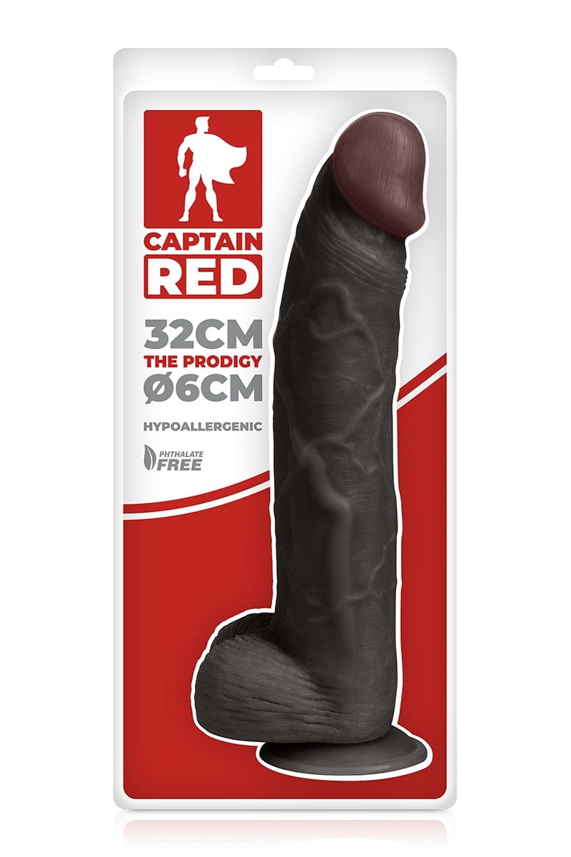 Gode noir réaliste testicules taille XXL Prodigy 32 x 6cm - Captain Red