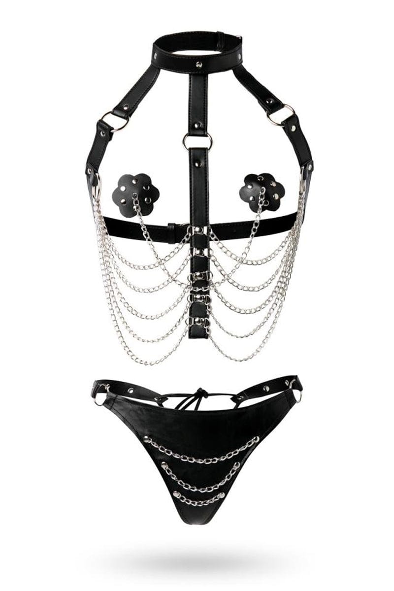 Harnais BDSM 3 pièces pour femme soumise en faux cuir et chaines