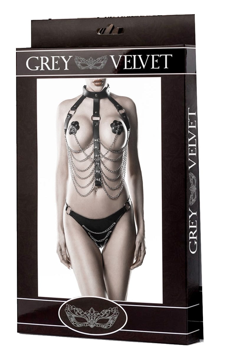 Harnais BDSM 3 pièces pour femme soumise en faux cuir et chaines - Grey Velvet