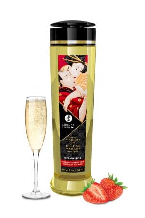 Huile de massage intime pour couple parfum fraise & vin pétillant - Shunga