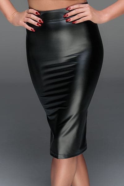 Jupe crayon moulante sexy en wet look avec zip intégral F152 - Noir Handmade