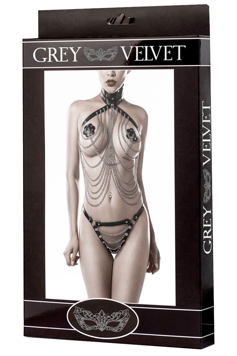 Lingerie SM cuir et chaînes 3 pièces - Grey Velvet