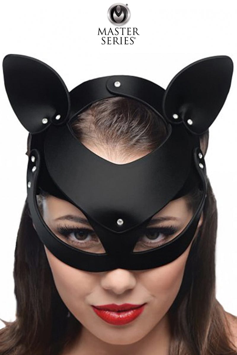 Masque de chat sexy en cuir noir avec strass Bad Kitten jeux de rôle BDSM en couple - MasterSeries