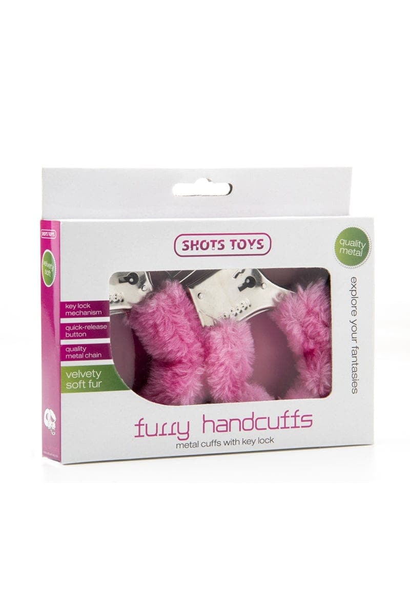 Menottes métal et fourrure rose bouton libération rapide + 2 clés - Shots Toys