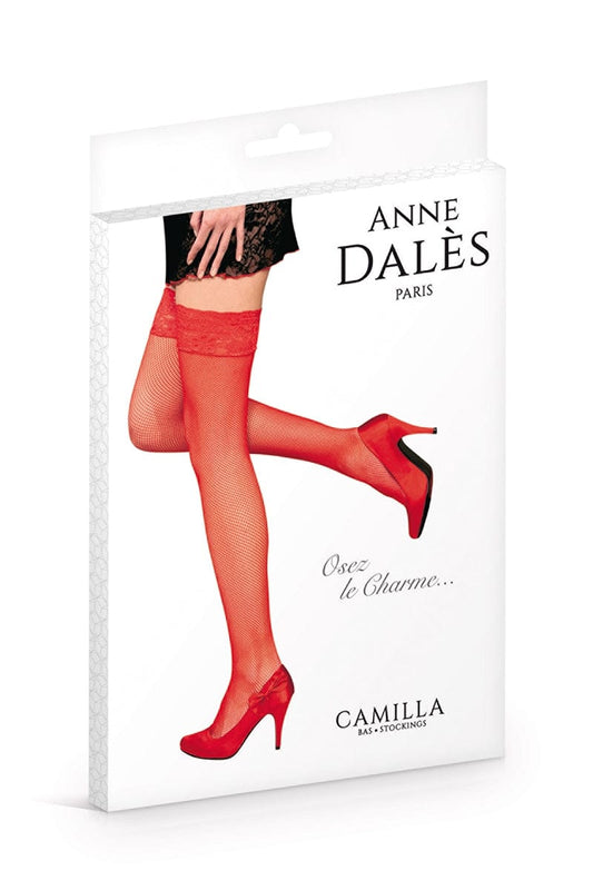Paire de bas autofixants en résille rouge jarretière dentelle Camilla - Anne d'Alès