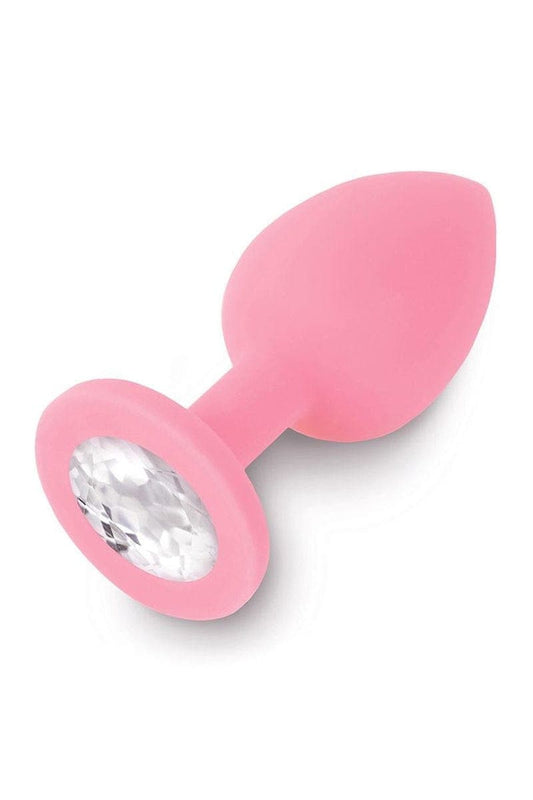 Petit plug anal en silicone rose avec bijou en strass transparent 7,5cm - Dolce Piccante