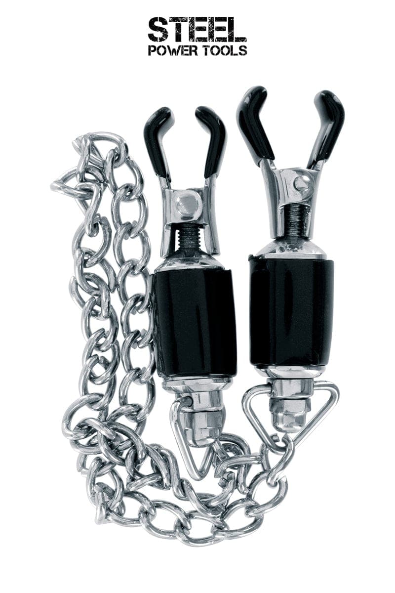 Pinces à seins ajustables pour pratique BDSM avec chaine en inox - Steel Power Tools
