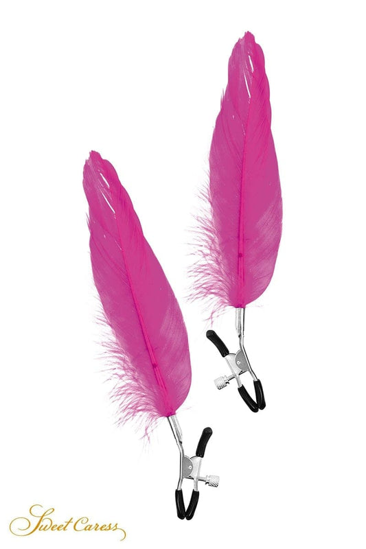 Pinces à seins réglables plume fuchsia pour pratique BDSM soft en couple - Sweet Caress