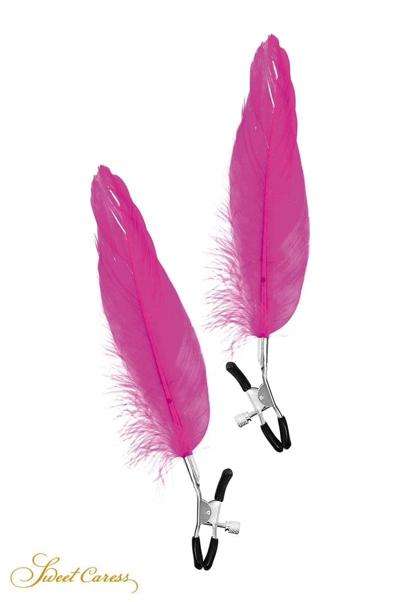 Pinces à seins réglables plume fuchsia pour pratique BDSM soft en couple - Sweet Caress