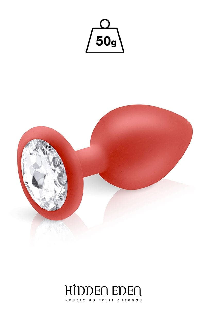 Plug bijou en silicone rouge avec strass transparent M 8cm - Hidden Eden