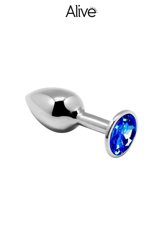 Plug pour plaisir anal en métal bijou strass bleu M 7cm insérable - Alive